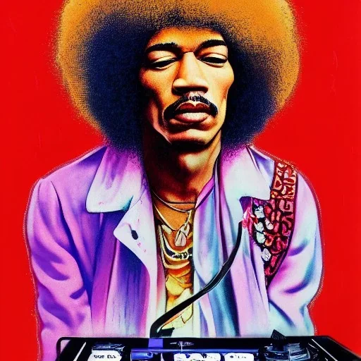 a realistic portrait of Jimi Hendrix at a turntable with headphones on being a DJ, vivid color