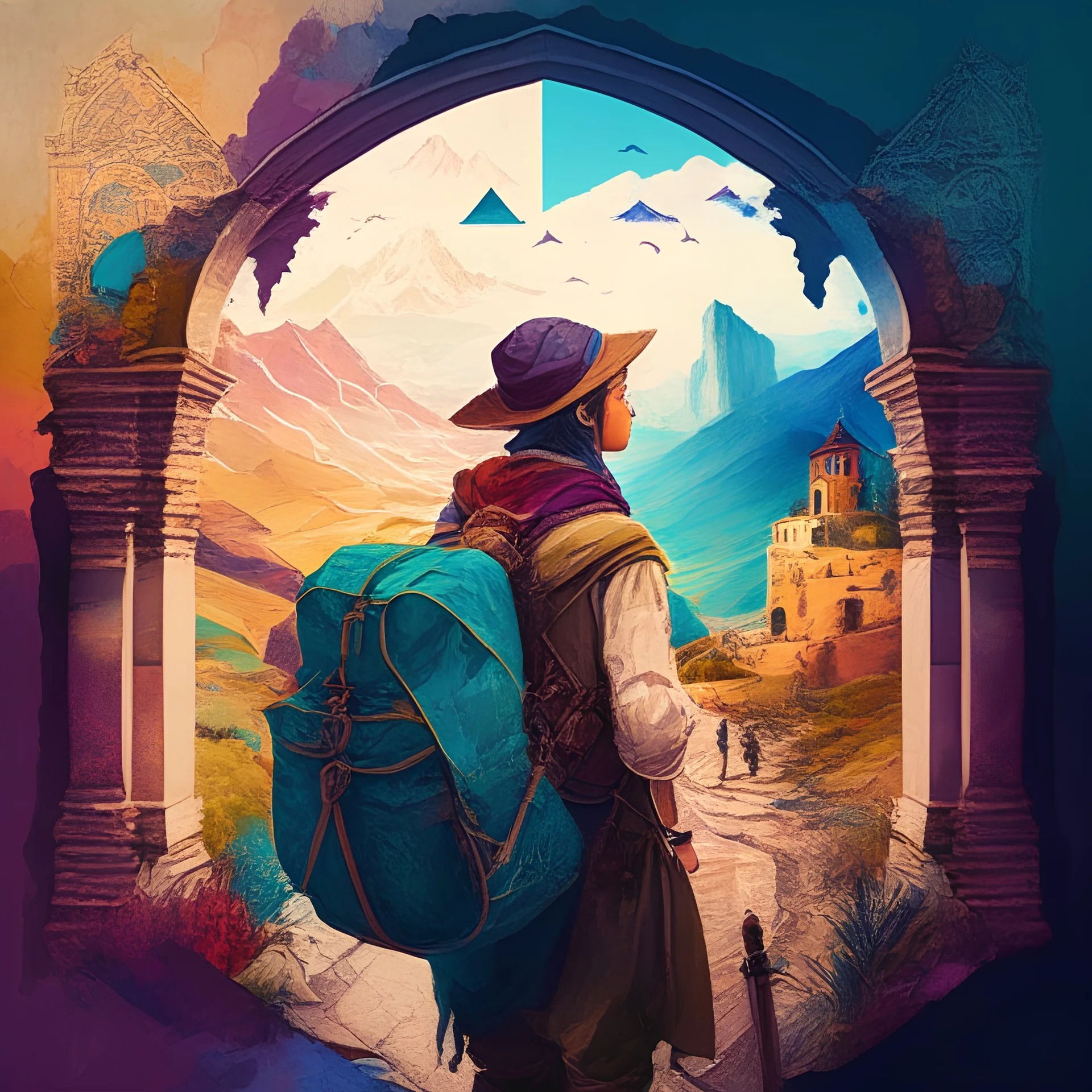 Create an artwork that depicts a traveler's midjourney experience. Capture the sense of adventure, discovery, and transformation as the traveler explores new landscapes and cultures. Use colors, textures, and elements to convey the excitement and anticipation for what lies ahead in renaissance style