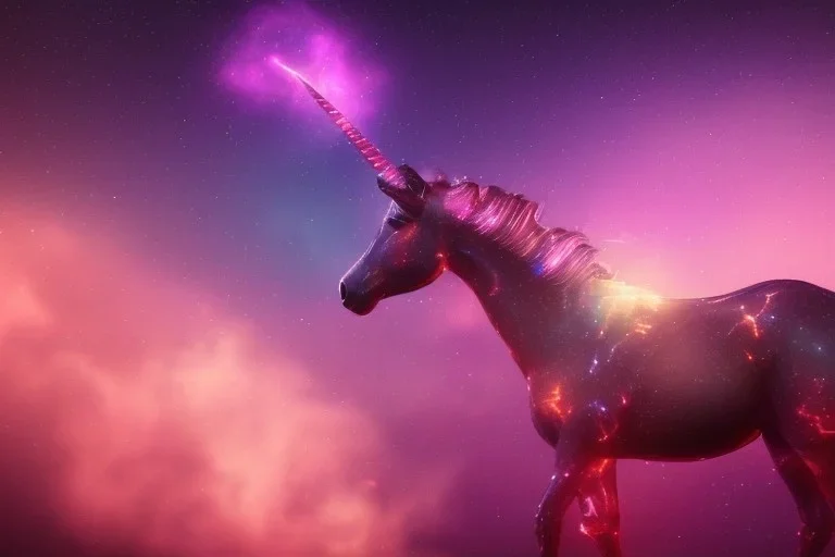 one glowing unicorn in space,nebula in the backround, Christmas theme .