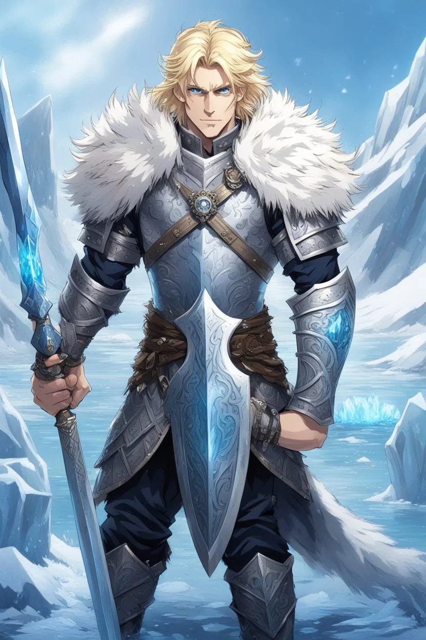 1 anime man. warrior, with blue eyes and blonde hair man in silver Viking armor with fur around the neck with blue crystal on his chest, standing in water in the artic, holding a ice sword and shield, warrior in, anime style