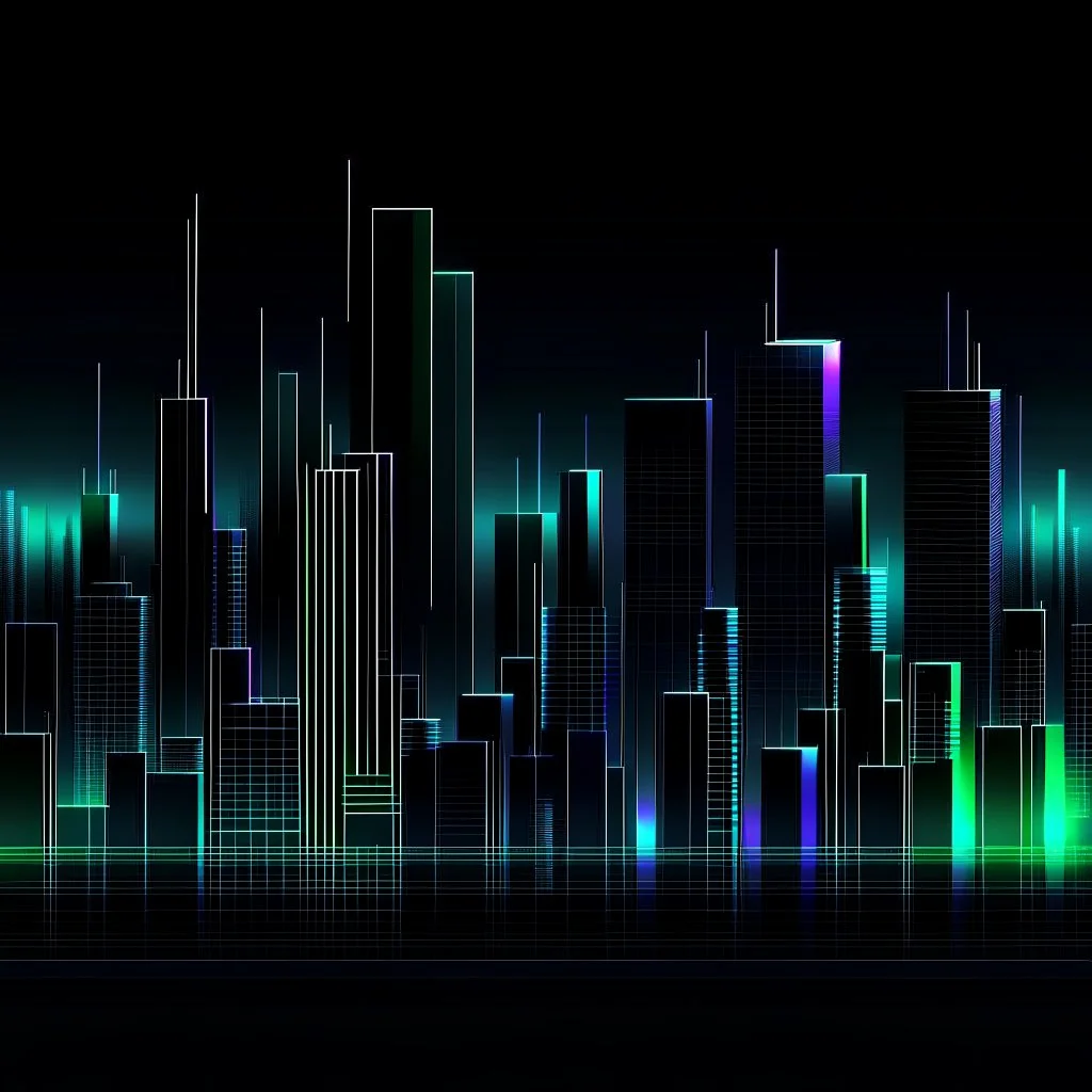 Digital illustration of a minimalist and digital city with a dark background, colors are black, light blue and light green, and purple.