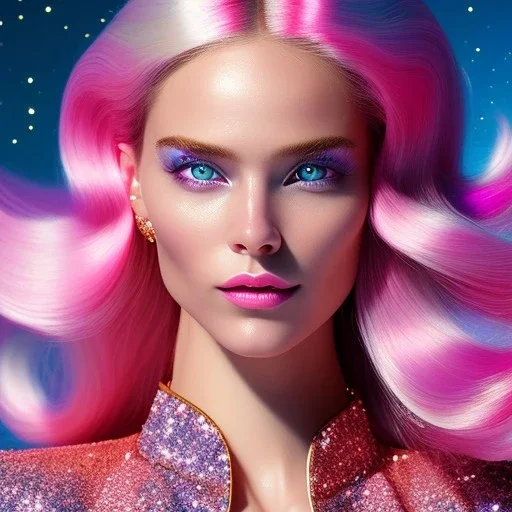 woman glitter pink in a galactic ambiance, smiling and laughting, long blond hair, blue eyes , delicate colors in the foreground, full of details, smooth, light effect，vaporwave colorful, smooth, extremely sharp detail, finely tuned detail, ultra high definition, 8 k, unreal engine 5, ultra sharp focus