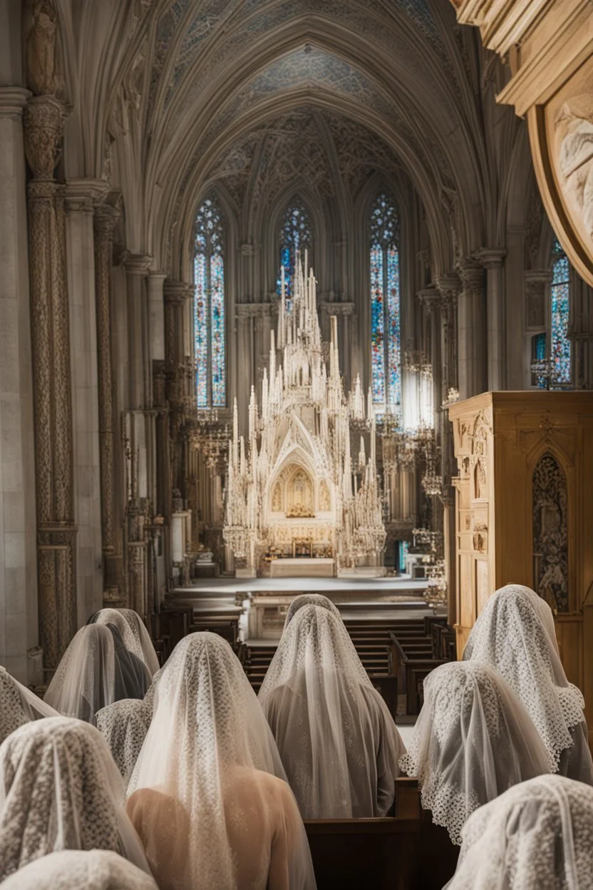 7 sisters wearing lace veil praying in church.cinematic