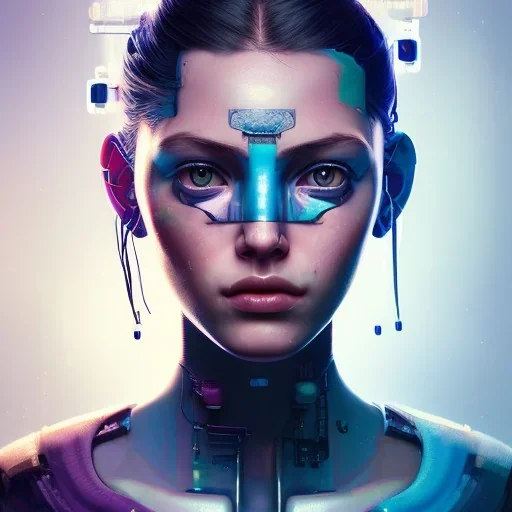 A beautiful portrait of a cute cyberpunk beautiful girl by sandra chevrier and, greg rutkowski and wlop, purple blue color scheme, high key lighting, volumetric light, digital art, highly detailed, fine detail, intricate, ornate, complex, octane render, unreal engine, photorealistic