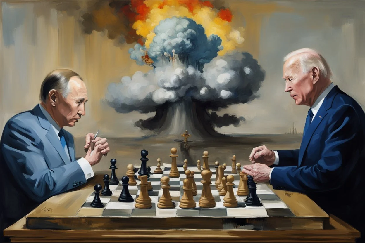 Putin, President Xi Of China And Joe Biden Play Chess With Atomic Bomb Mushroom Cloud,Complex Surgical Instruments Intermixed With A Newborn Boy,Minimalism,Painting By Adrian Ghenie,Rene Magritte,Pablo Picasso,Michelangelo,Salvador Dali,Lucian Freud