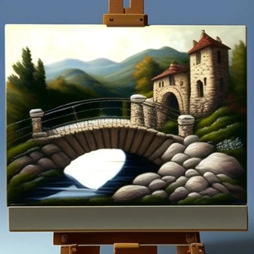 an artist with painter's palette, easel, sits next to a little stone bridge, highly detailed, smooth colours