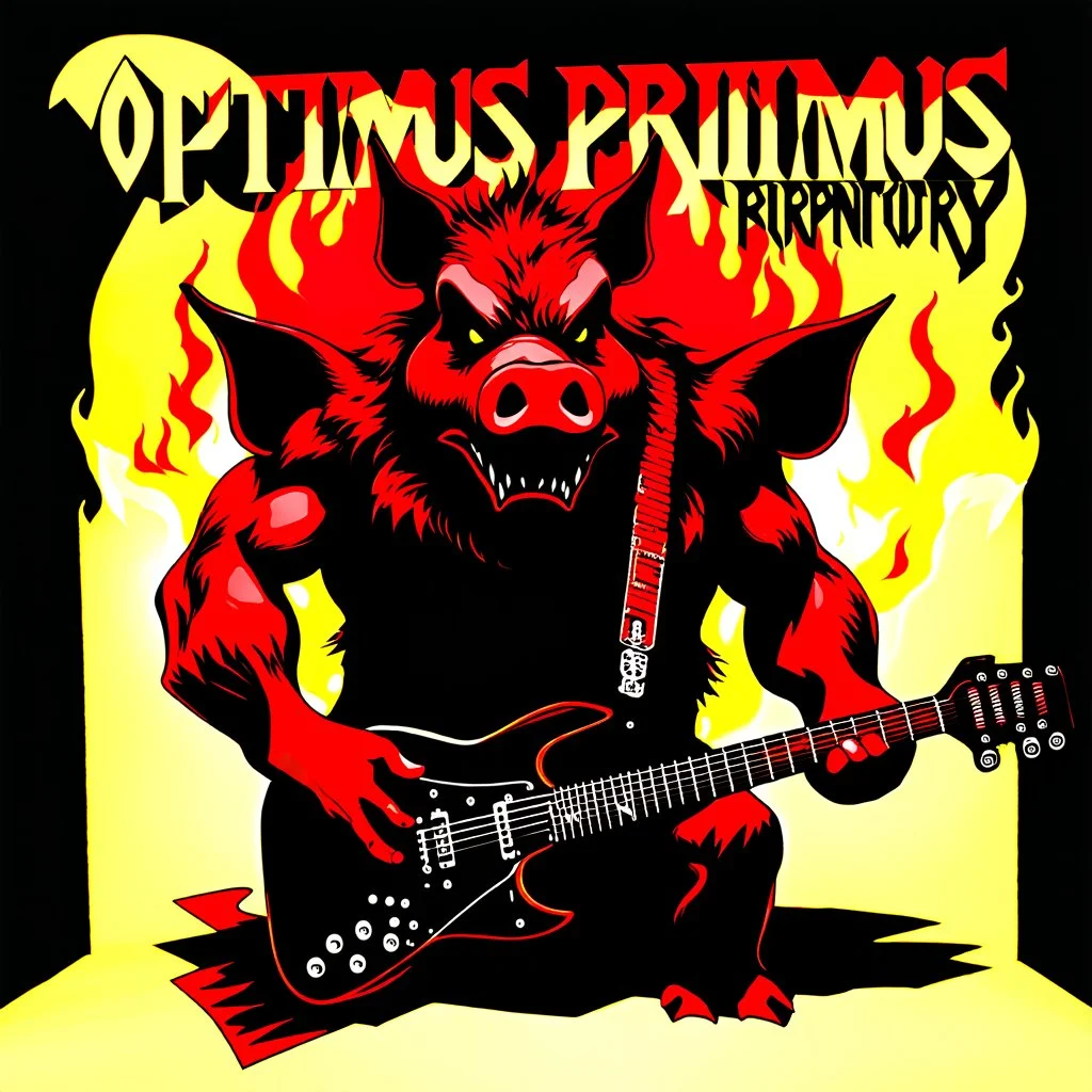 make a Album cover, death metal, and a big evil swine with guitar, the band name is Optimus Primus, burning factory in background