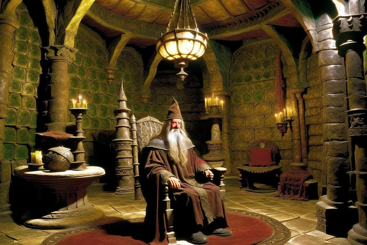 Interior of castle, wizard sits on throne