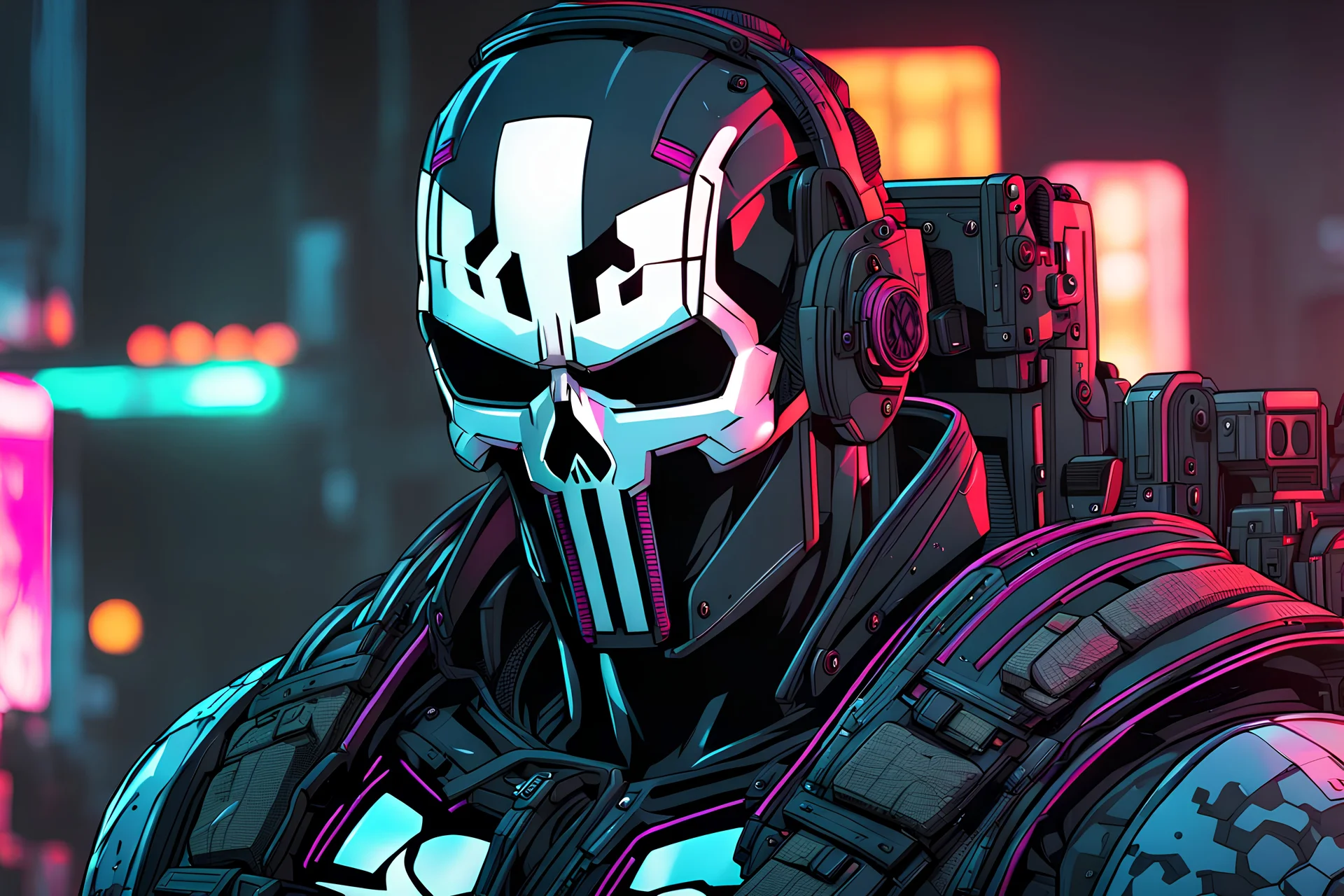 Punisher machine in 8k anime cyberpunk drawing style, samurai them, close picture, neon, intricate details, highly detailed, high details, detailed portrait, masterpiece,ultra detailed, ultra quality