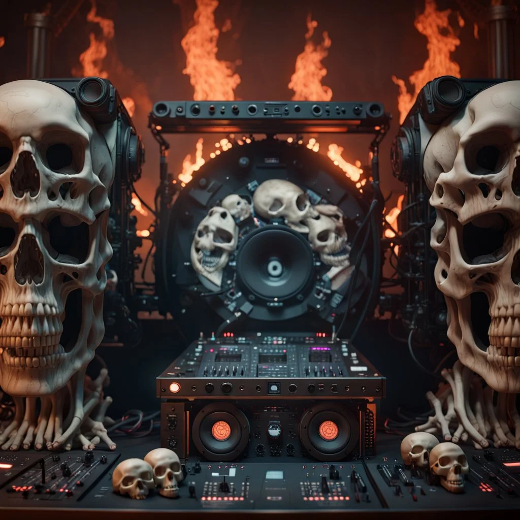 DJ of the damnded, insanely detailed DJ booth in hell, MID set, speakers and equipment made of bone, anatomically correct, add more skulls in th audience, photorealism, vray, 8k 3d