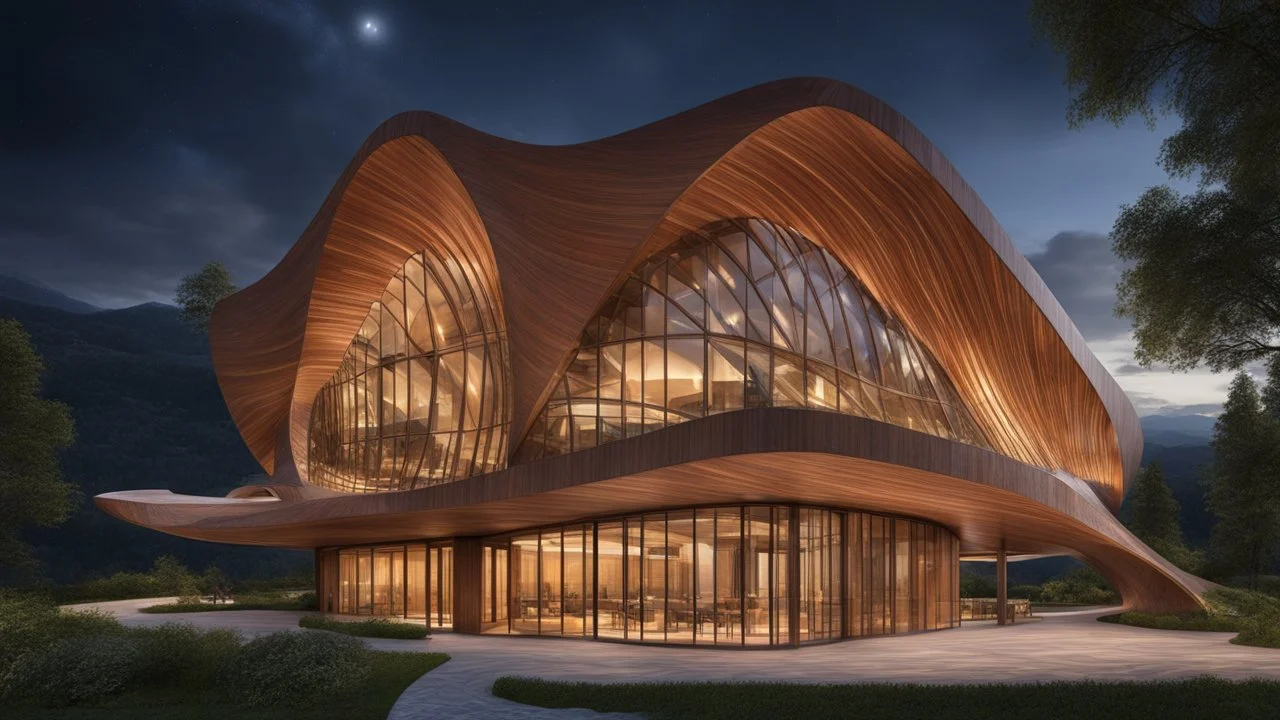 inspiring interwoven wooden ultra-modern building based on parabola shapes, sine curves and helix shapes, featuring large windows, rural location, night, moonlight, fireflies, distant mountains, lake, astonishing architecture, beautiful, wow, extremely detailed, photographic quality, beautiful composition, Ultra Realism, Complex intricate Details, 16k, HDR, High Quality, Sharp Focus, Studio Photo, attractive, innovative