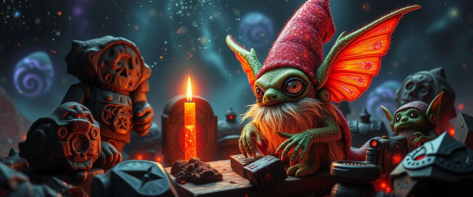 glittering Deep Gnome (Svirfneblin) gremlin, goa psy ambient in the style of vangelis and fsol, source vibrations