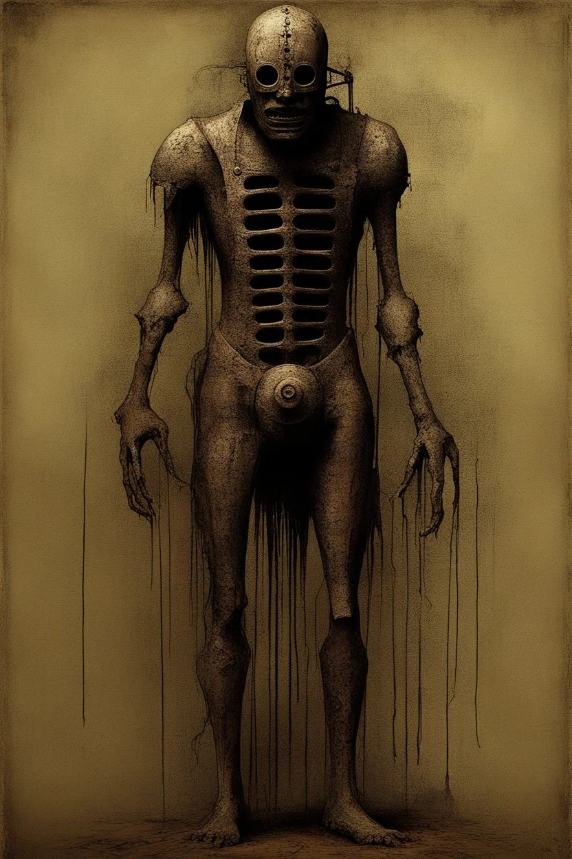 The full body of a prisoner man with iron mask Scary face , decayed and rotting with grotesque proportions and imagery. abstract grotesqueries, detailed texture, surreal horror, biomechanical design, by hr giger and beksinski