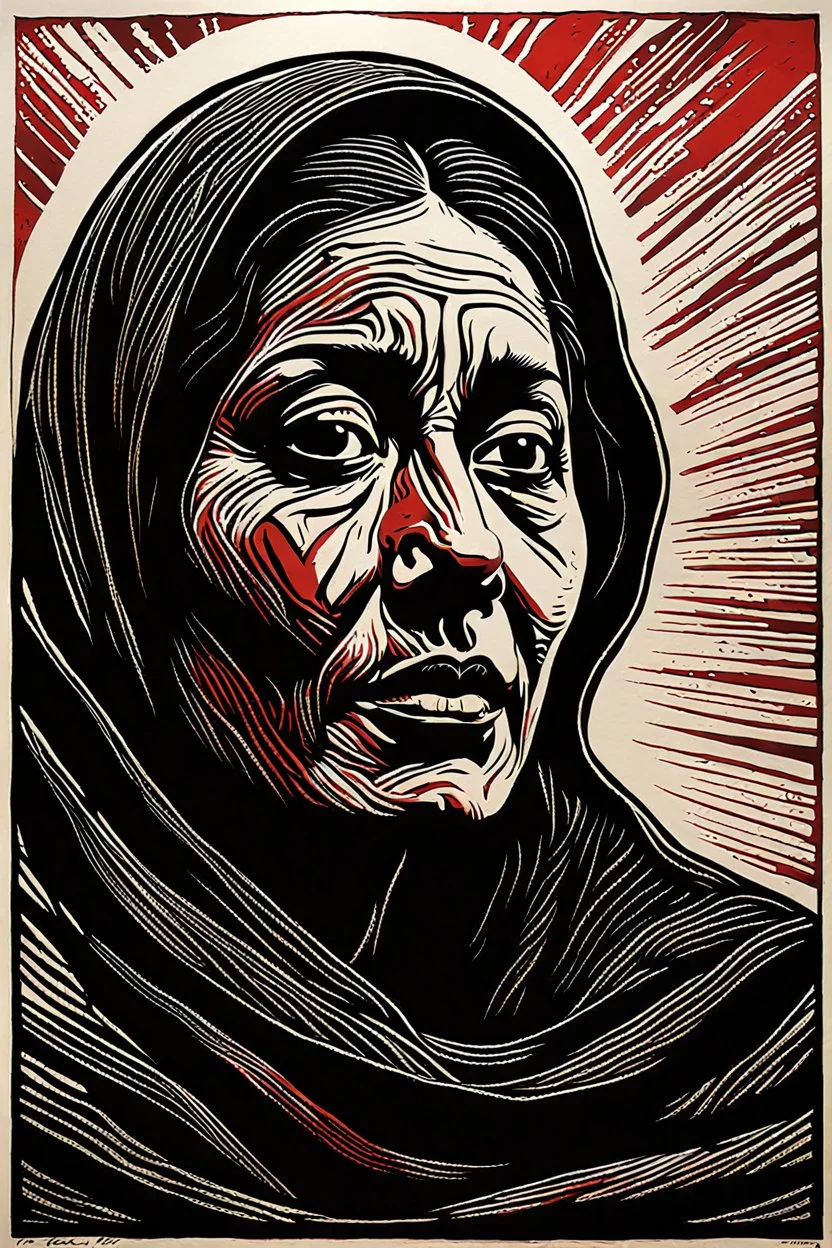 create an abstract, deeply powerful tragic and evocative, full body color woodcut of a raw and weathered Palestinian woman with highly detailed and deeply cut facial features, lost in a horrific post apocalyptic Gaza, in the style of KATHE KOLLWITZ , searing lines and forceful strokes