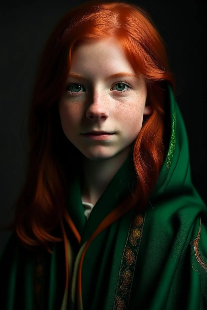 A girl with red hair and green eyes and she is wearing a Hogwarts robe