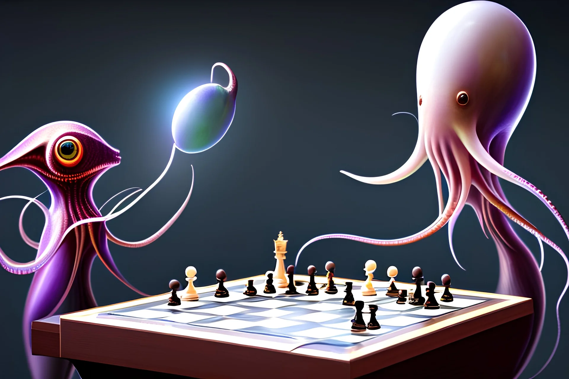 a photorealistic squid-like alien teaching chess to a young boy in Vancouver City