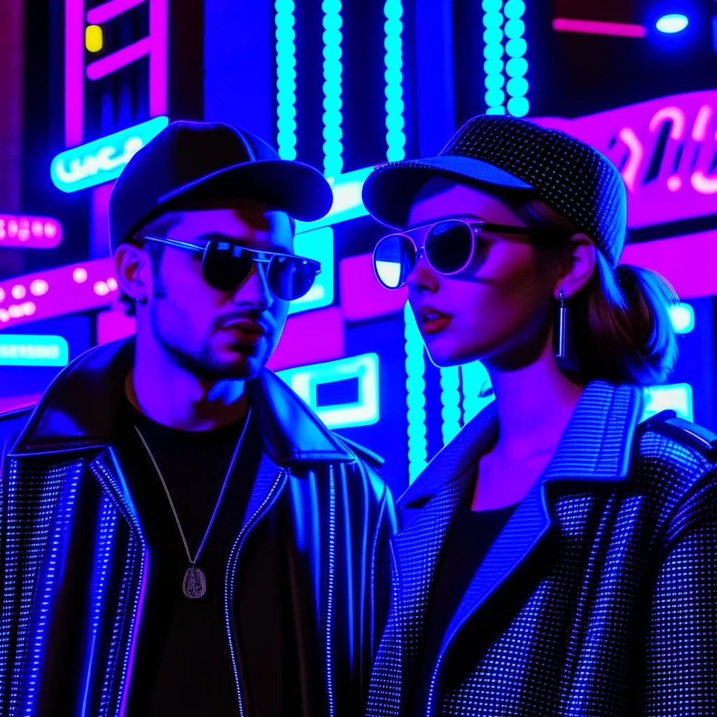 street photography of a man and woman, night time, cyberpunk neon lights, 16mm , perfect photography, 1980's,vhs footage,wearing futuristic VR,low light,shot by jvc gr-sz7,glitch,back to the future