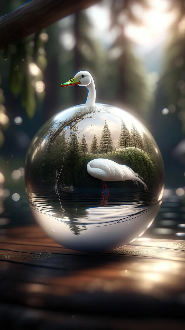 portrait of swan inside a boat crystal ball hanging from a tree in the mountain, in the style for Richard and Wendy Pini , shot on Hasselblad h6d-400c, zeiss prime lens, bokeh like f/0.8, tilt-shift lens 8k, high detail, smooth render, down-light, unreal engine, prize winning