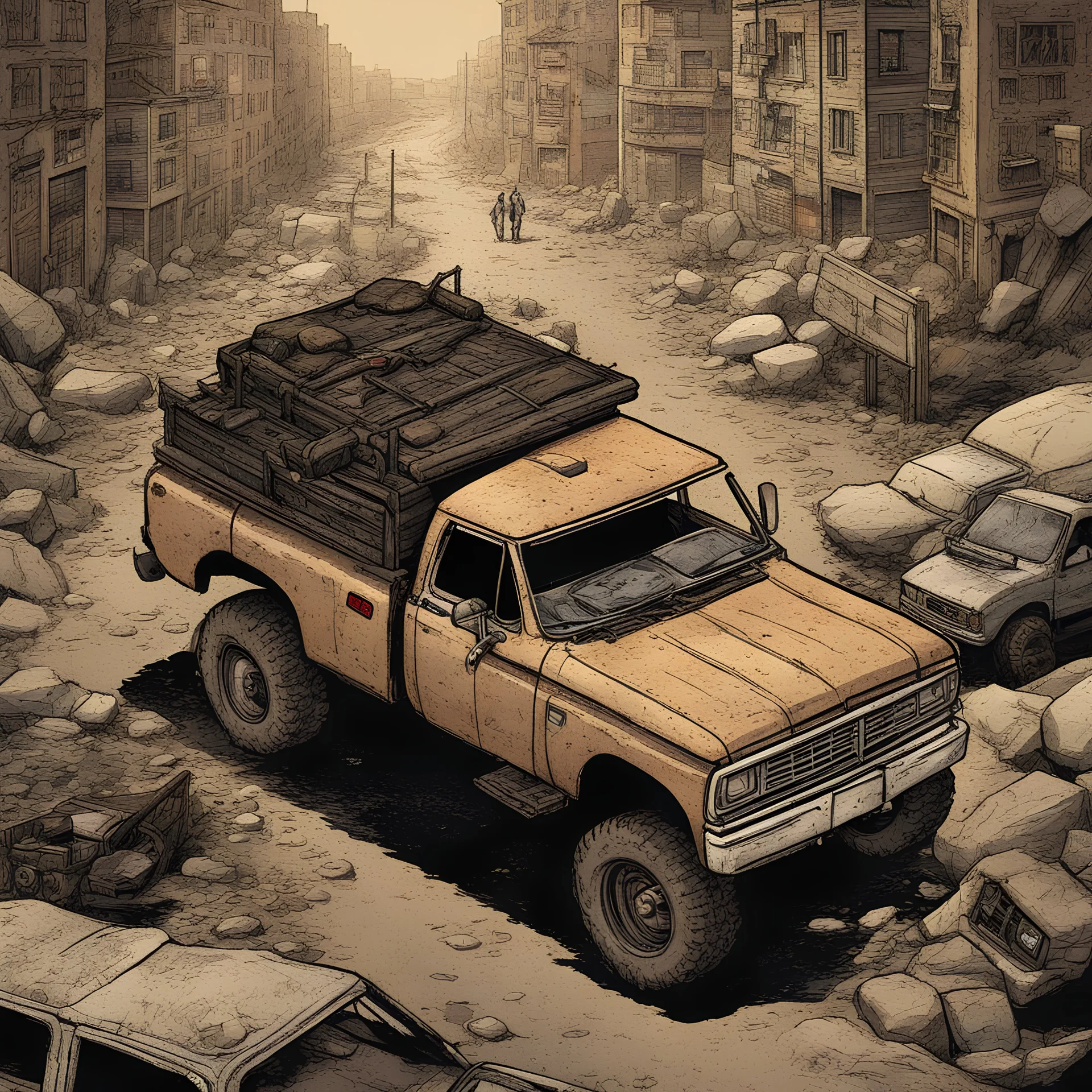 pickup truck top view, illustration, aged, comic book, post-apocalyspe,