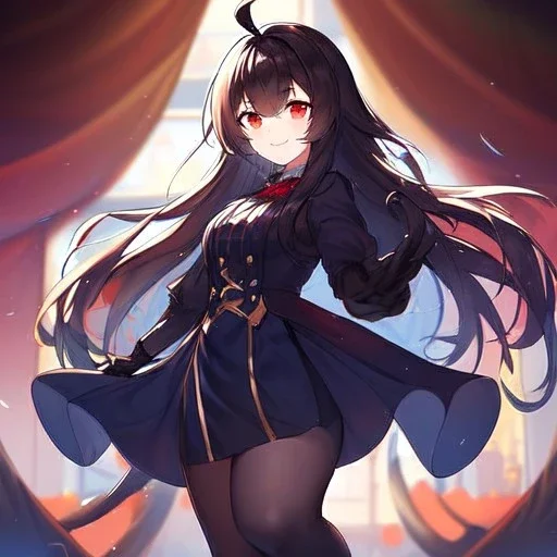 Clear focus,High resolution,High quality, Smiling,Wearing a Navy Inspired Outfit,Wearing black long socks, Black Long hair with a ahoge, Red eyes, Wearing black gloves