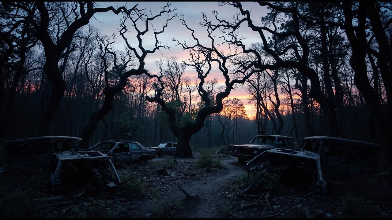 A post-apocalyptic forest at dusk, twisted trees growing through the wreckage of rusted vehicles, the silence broken only by the rustling of unseen creatures.