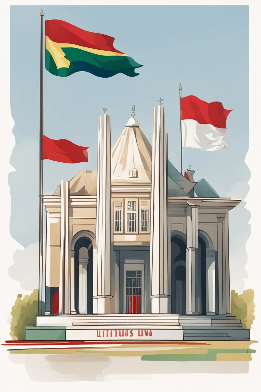 A clipart illustration for a childrens book; a stylized government building with pillars; a Lithuanian flag, a Latvian flag, an Estonian Flag, a Polish flag;