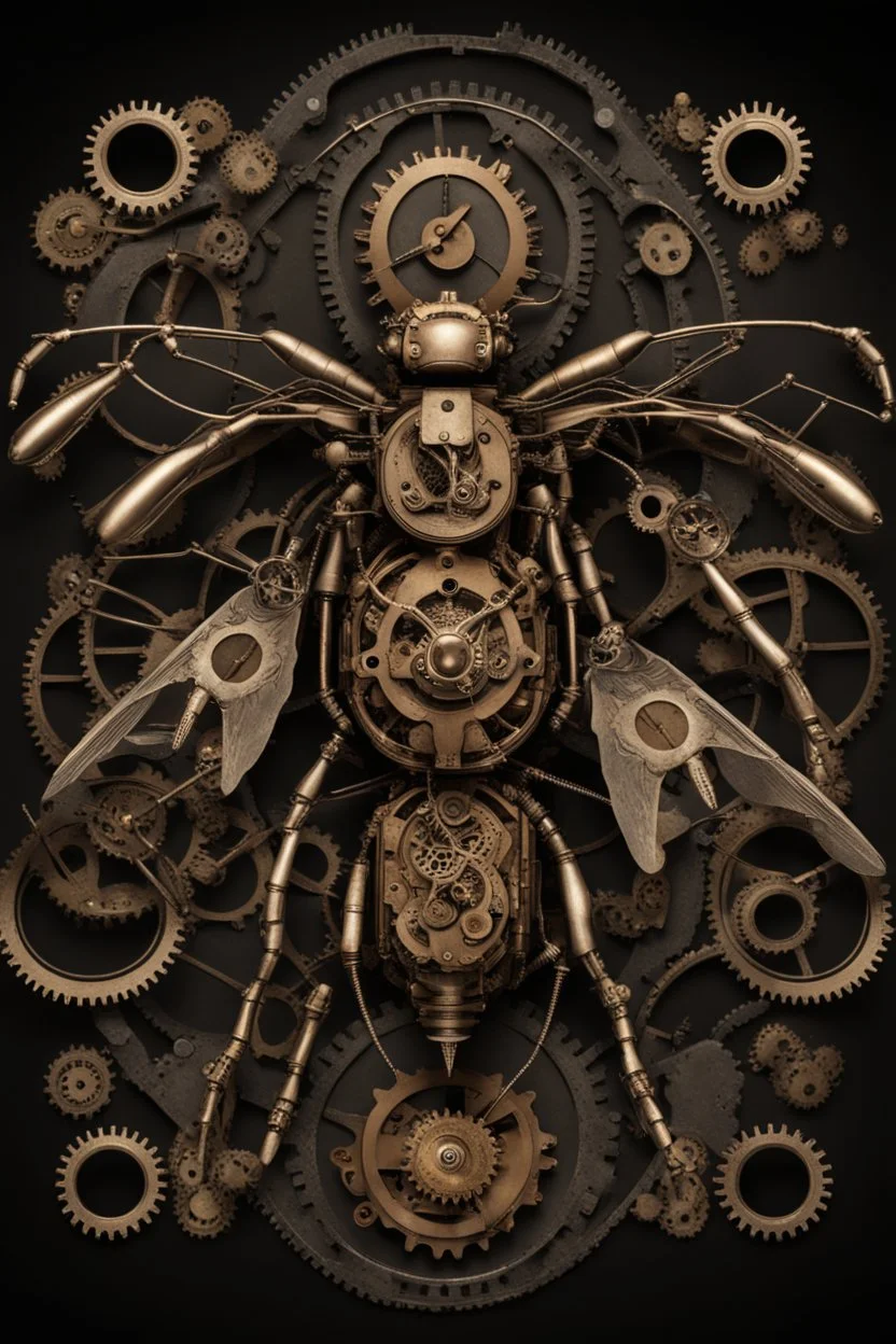 steampunk metal insect with wings, surrounded by cogs and springs, black background