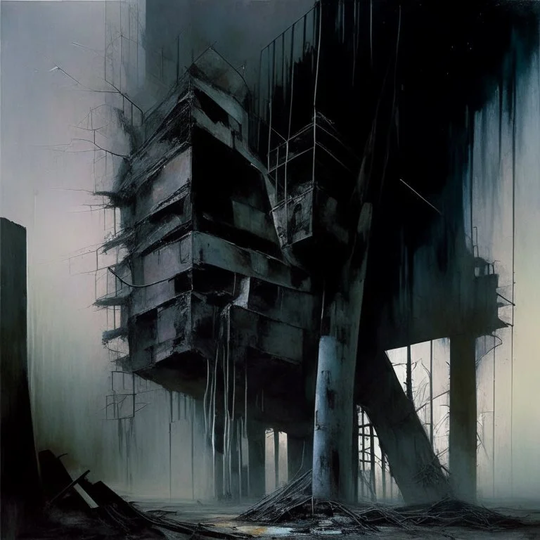 Dark Contemporary abstract painting of Lebbeus Woods brutalist concrete caroark in a wasteland techno decaying landscape. Hazy foggy night sky. Concrete ground. Exposed twisted concrete and pipes. Style Justin Mortimer and Francis Bacon. Close up