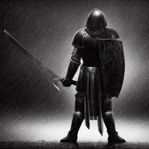 Man standing. Heavy armor. Sword in hand. Dark theme. Medieval castle. Raining cold. Princess in the distance.