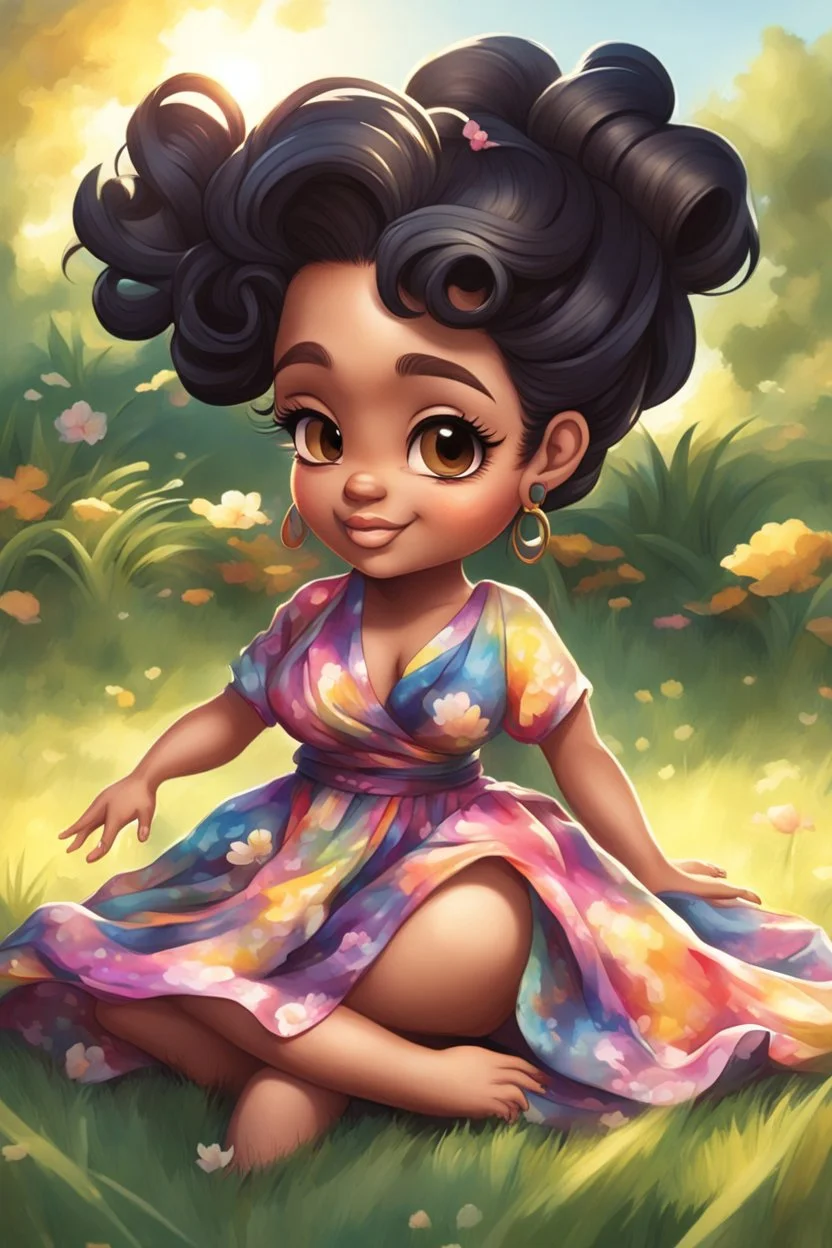 An airbrushed chibi black cartoon of a curvaceous woman with flowing black hair twisted up, wearing a colorful maxi dress. She sits relaxed on the grass facing the warm sunlight, which illuminates her face as she looks to the side with a small smile, accentuating her prominent makeup and brown eyes.