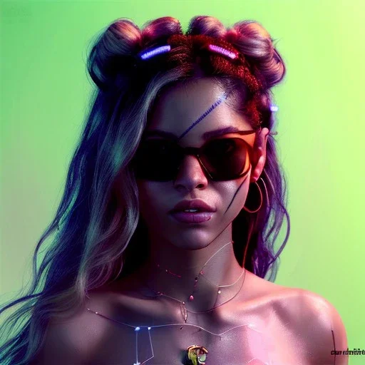 Shakira, artist, 30 years old, Realistic image, waist up portrait, etro style dress. Gucci sunglasses. Blonde, loose long hair, eyes make up, perfect, glow, circle iris. Neon colors, leds, geometric shapes. Dark background, neon lights. Cyberpunk, concept art, smooth, unreal engine 5, god lights, ray tracing, RTX, lumen lighting, ultra detail, volumetric lighting, 3d, finely drawn, high definition, 4k.