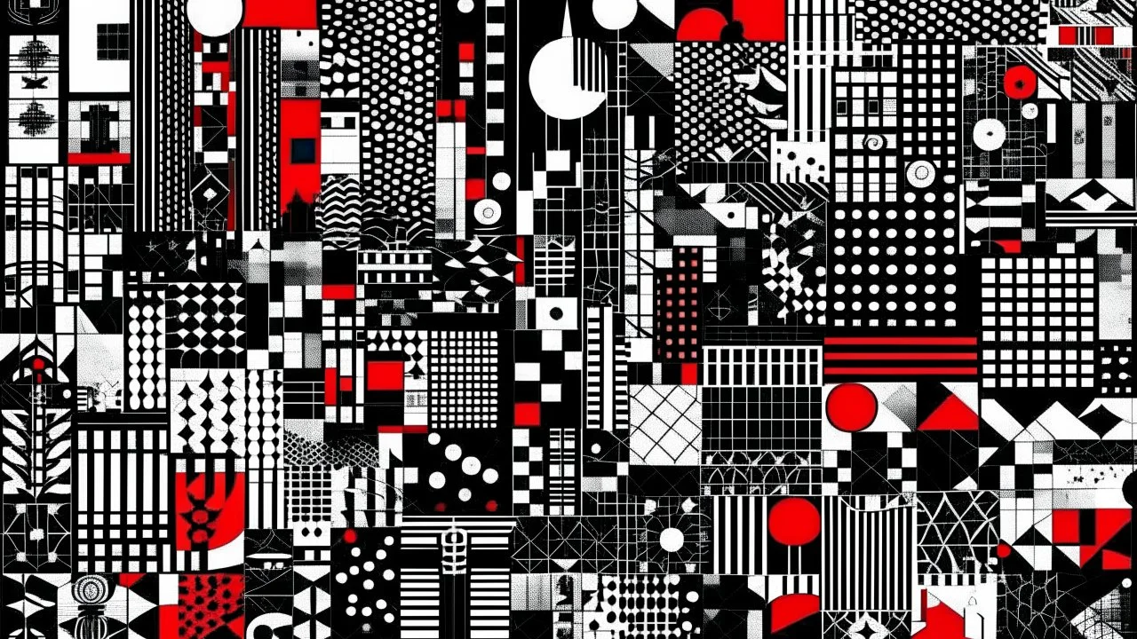 An abstract and geometric illustration by Malevich and Kuniyoshi of a black and white digital city filled with symbols with an anarchist red and back flag.