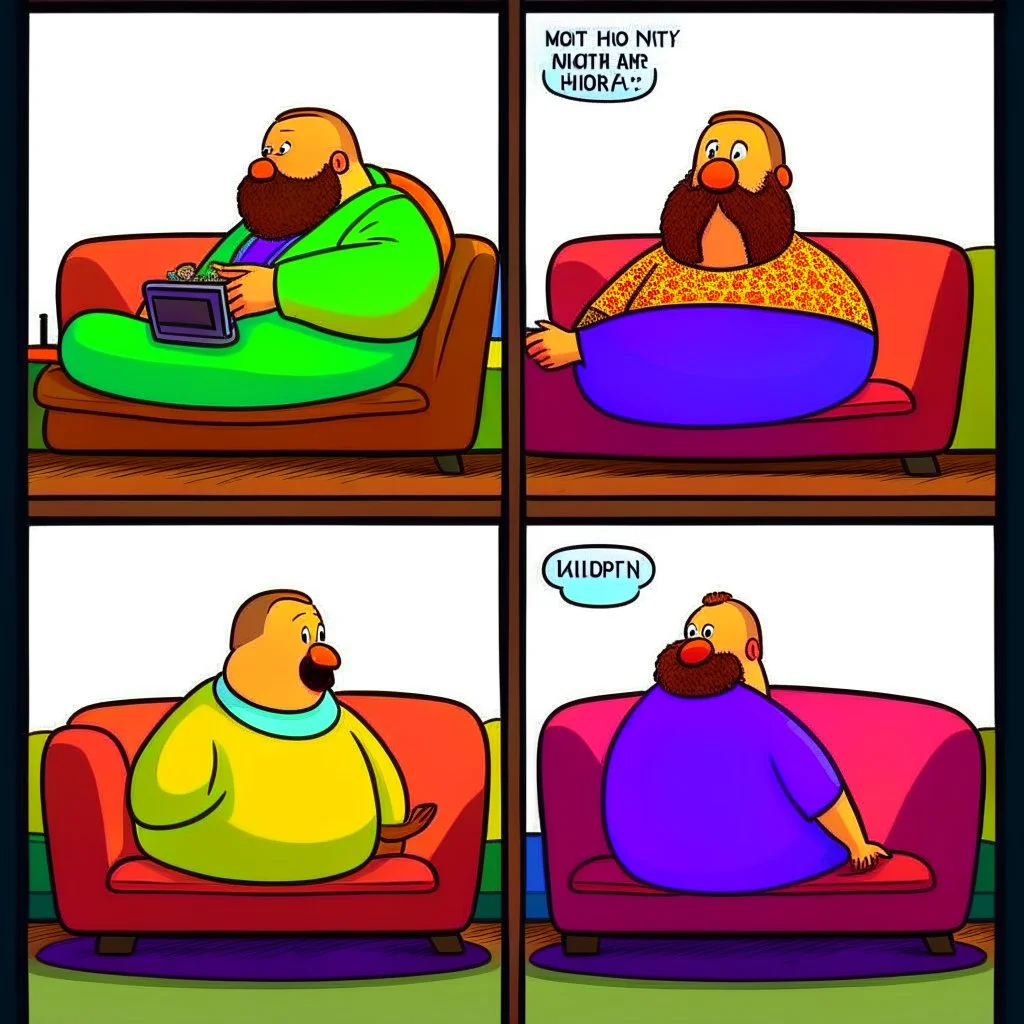 comicbook, 2 panels, in the left panel, a fat, bearded man watches the tv, in the right panel, the tv watches the man