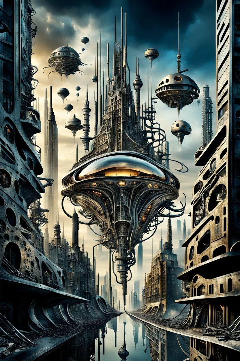 a stunningly weird image of a futuristic metropolis using Salvador Dali's paranoiac-critical method, where buildings and structures appear to melt into the skyline cityscape is filled with floating mad, twisted sharp metal shapes that interact with the buildings and each other, forming a surreal tableau of a dreamlike reality. neu-steampunk vibe, essence of the scene in a cinematic manner, with dramatic shadows that enhance the distorted perspectives and bizarre, futuristic surreal vibe