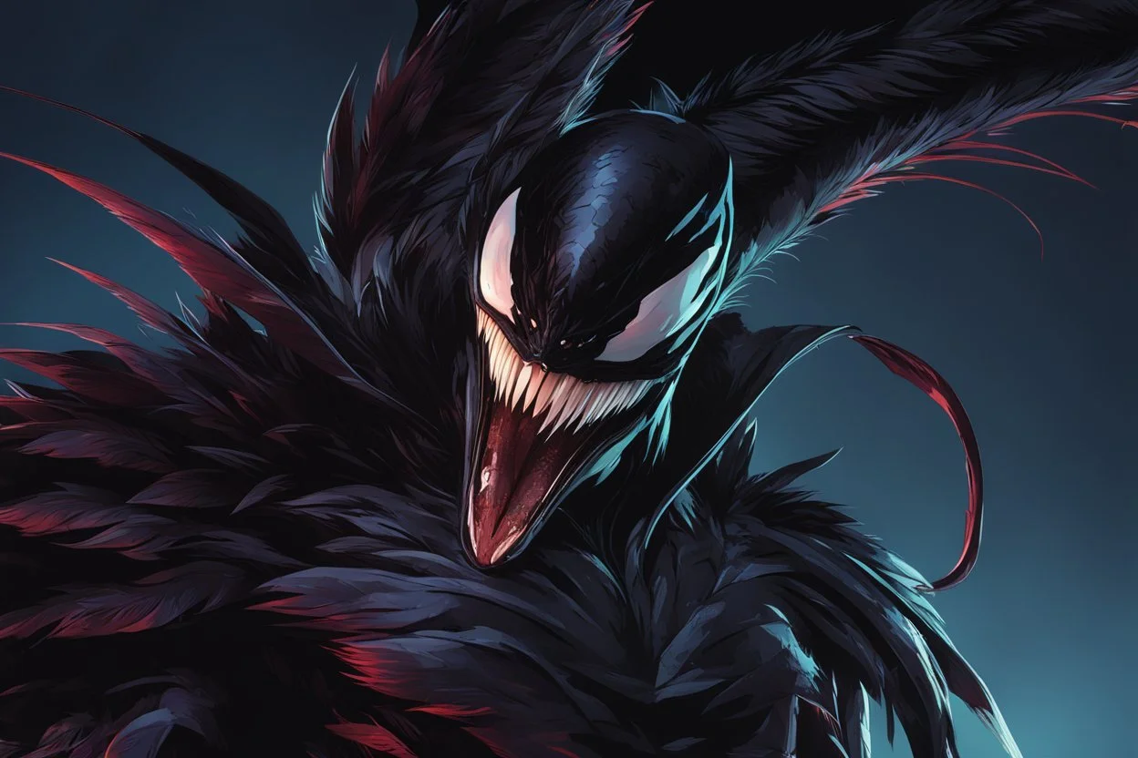 Venom in 8k solo leveling shadow artstyle, crow them, feathers, big wings, neon effect, close picture, full body, apocalypse, intricate details, highly detailed, high details, detailed portrait, masterpiece,ultra detailed, ultra quality