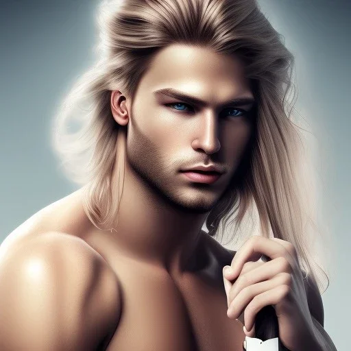  man with long blond hair, full body, sports setting, photo real, soft lighting