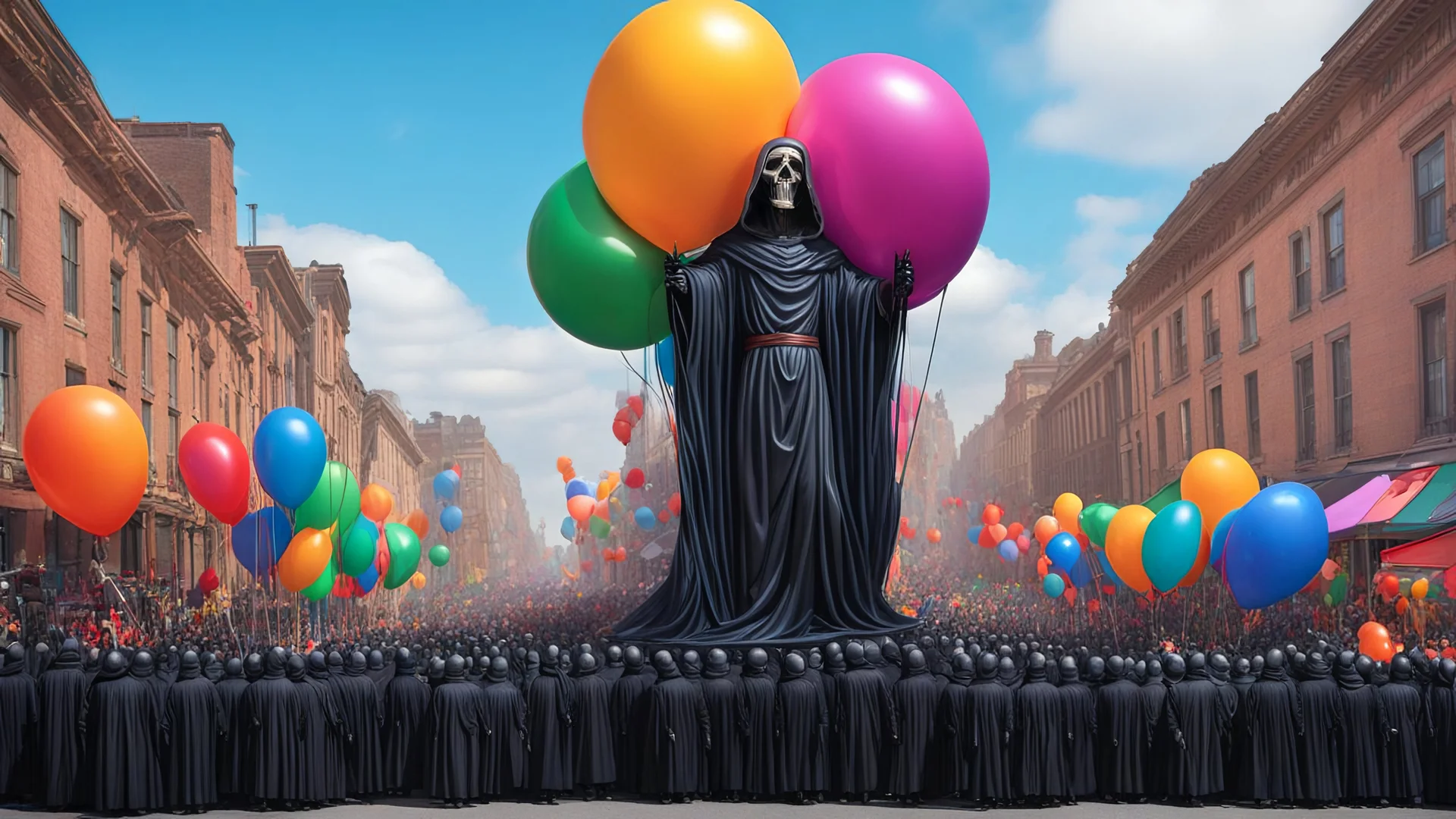 200 ft tall floating cartoonish jesus parade balloon pulled by multiple grim reapers, multi colored, bright, vivid, psychedelic, high detailed, high gloss, insanely detailed, matte, horrorcore, lining the street, unsettling contrast, monument to death, live action shot grim reaper parade, pulling a jesus parade float