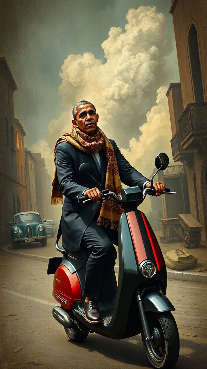 Hieronymus Bosch style , Obama wearing a an Arabic scarf on electric scooter 4k