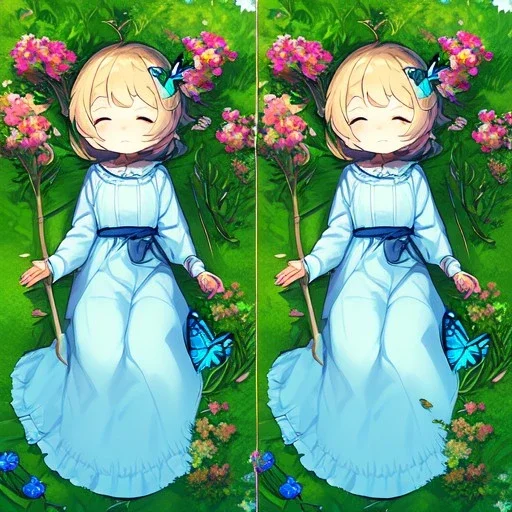 tiny anime girl sleeping in the distance, laying down in a field of flowers, underneath a willow tree, with a butterfly on her nose, hand detail looks human.zoom out. zoom out