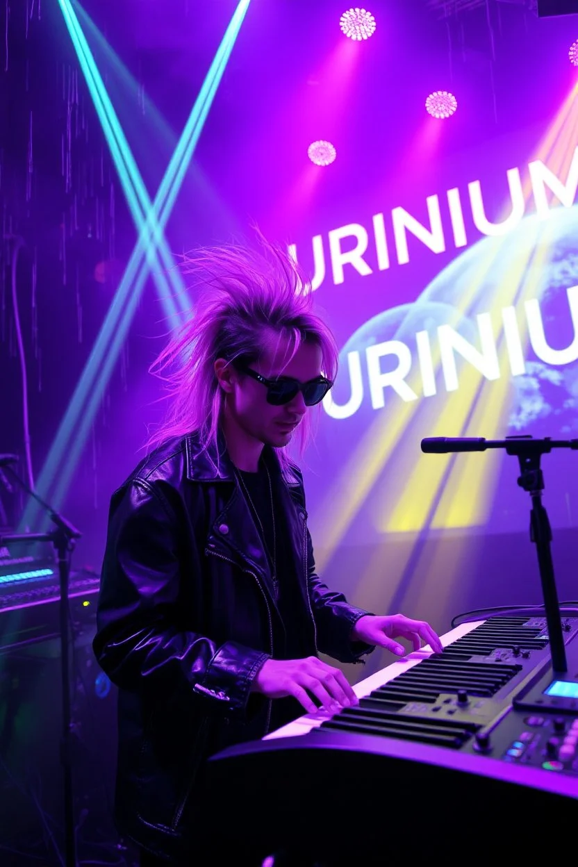 French cool synth player with crazy techno acid hair, he is called "Jean-Maurice Brûlée" performing at dance club, his name is "Jean-Maurice Brûlée" , white and purple Neon lights and purple smog, yellow shower rain, and "URINIUM" big sign on the wall, he is playing on synthesizers on stage with lot of laser beams and wearing black sunglasses, an earth is projected in background