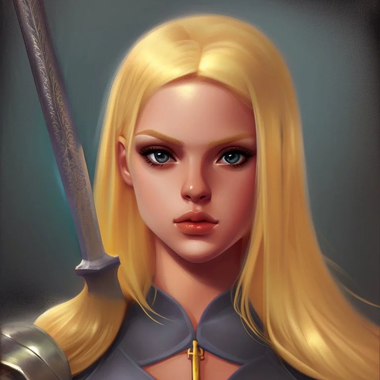 Portrait of beautiful blonde woman with a sword