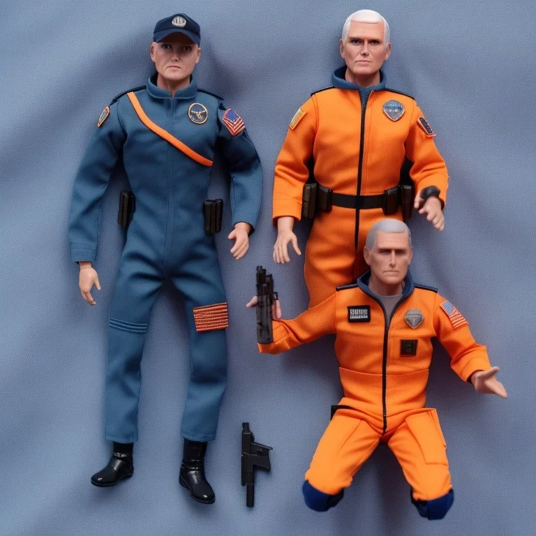 a large pile of face Mike Pence G.I. Joe toy Doll spaceforce uniform, orange blue fabric, pistol, wall packaging for sale, bright pricetag, finger, empty box