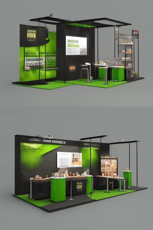 Corner green exhibition stand of a food company with product displays and a meeting area