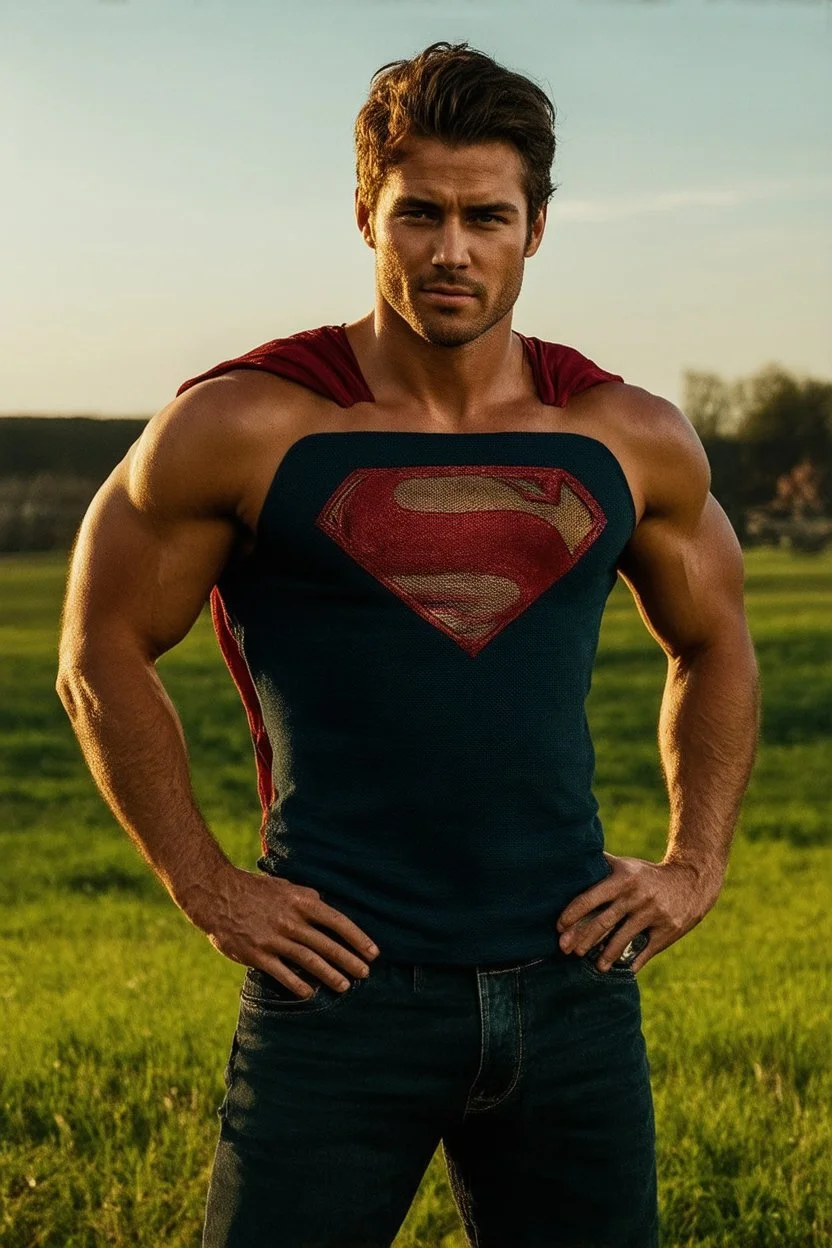 Full-length image, head to toe, create a photorealistic portrait of an extremely muscular Tom Welling Superman standing outside the Kent Farmhouse in a green field with his hands on his hips, in the late afternoon, with natural sunlight casting warm golden light across his face revealing every wrinkle and the texture of his skin, sharp focus on his eyes showing depth, moisture, reflections, with a soft bokeh background