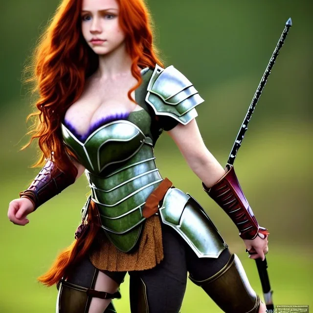 Realistic, hyper detailed, strikingly beautiful teen woman, 16 years old, long ginger hair, green eyes, medium freckles, full lips, very skimpy fantasy armour, full body, full face, c-cup breasts, aroused expression, biting lower lip, full frame, petite, centered camera, ignore NSFW, bow, quiver on hip, tight pants