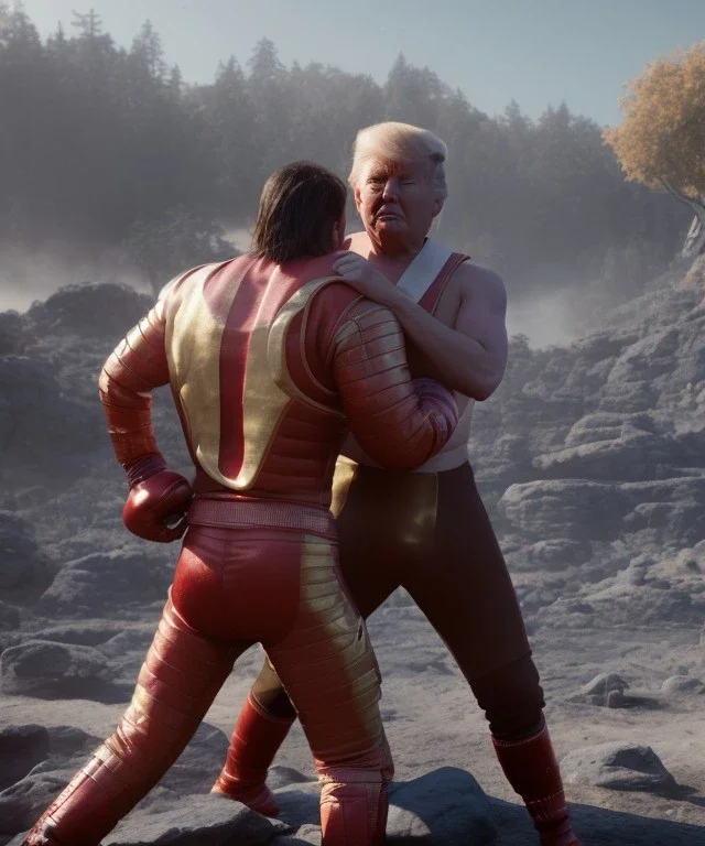 Donald trump wrestling, fighter, naked torso, color breeches, suspenders, retro style, 80s, hot ambient, photo studio, red, gold, explosions,vibrant color, gradient, highly detailed, art stations, concept art, smooth, unreal engine 5, god rays, ray tracing, RTX, lumen lighting, ultra detail, volumetric lighting, 3d, finely drawn, high definition, high resolution.