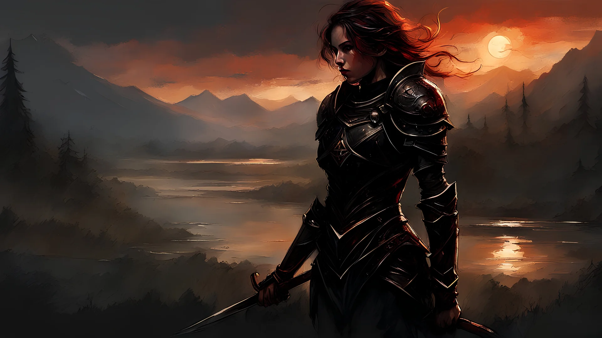 A formidable warrior girl in black armor, on the background Amazing gloomy landscape, flooded with sunset, mountains, trees, fabulous scary hero, , juicy emotions, painting, dark fantasy, gloomy day, dark world, portrait, by Alyssa Monks & Raymond Swanland & James Paick & Anna Razumovskaya