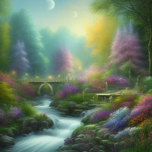  pastel colors, abstract art, garden of flower with cascades and river