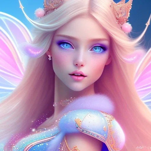  beautiful, soft, whide smile face,whole head, long blonde straight hair, blue eyes, fairy wings on the back, transparent crystal blue and pink clothes, background blue and pink, big definition, 8K