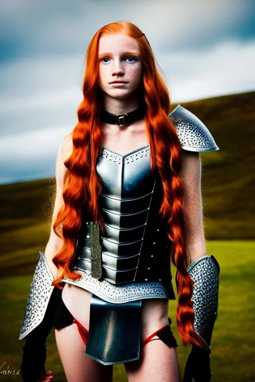 (strikingly beautiful 16 year old charming teen girl:1.2) with (long ginger hair:1.1) and (freckles:1.2) wearing (skimpy leather fantasy armour with halter top and thong:1.3) and (medium cleavage:1.2), tracing, ambient light, highres, (hyperrealistic:1.2), (perfect face:1.1) intricate (high detail:1.1) body, beautiful detailed eyes, plump lips, fantasy theme, Model hash: ddc3021b